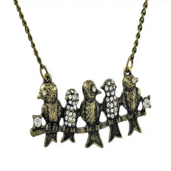 Antiqued Brass Finish Rhinestone Accented Birds on a Wire Necklace 20 Inch {1}