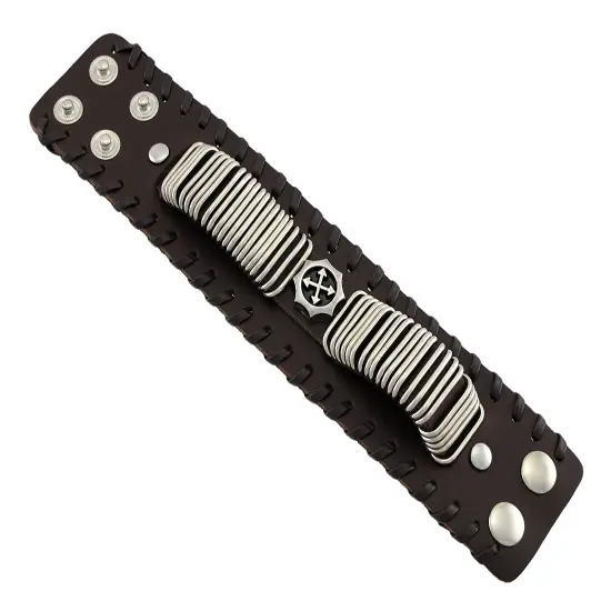 Brown Leather Wristband with Chrome Rings Faux Compass Center {5}