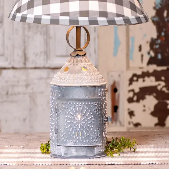 Irvins Country Tinware Paul Revere Lamp with Gray Check Shade Grey {4}