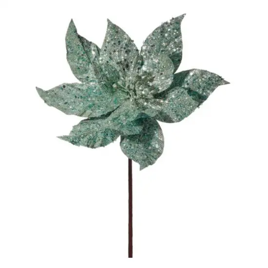 24" Mint Green Glitter Poinsettia Stem - Elegant Christmas Floral Decoration {1}
