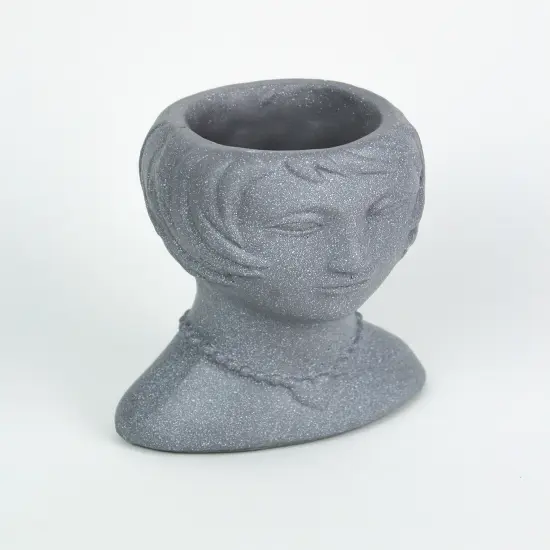 Roaring 20's Flapper Lady Gray Concrete Head Mini Planter 6 Inches Tall {2}