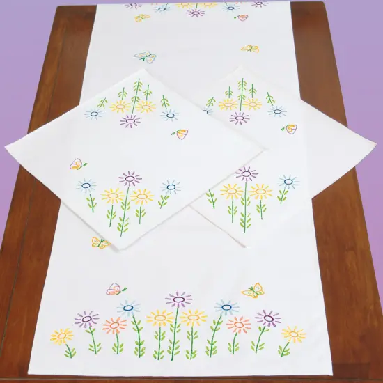 Jack Dempsey Stamped Dresser Scarf & Doilies Perle Edge-Field Of Flowers {2}