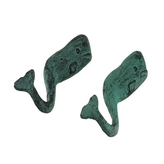 Set of 2 Verdigris Finish Sperm Whale Cast Iron Wall Hooks {3}