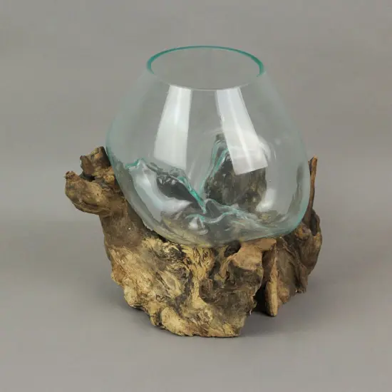 Large Molten Glass Sculptural Bowl / Plant Terrarium On Natural Driftwood Base {3}