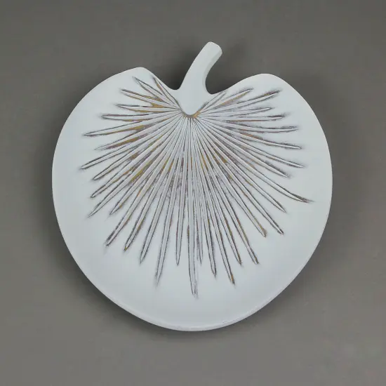 Antiqued White Tropical Fan Palm Leaf Decorative Ceramic Plate {4}