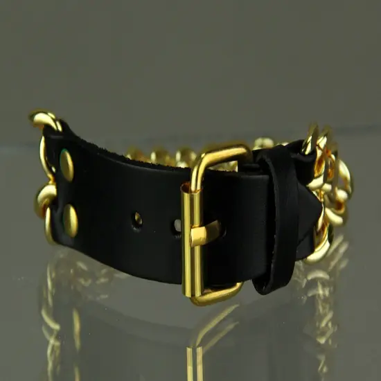 Double Row Curb Link Bracelet With Black Leather Clasp {6}