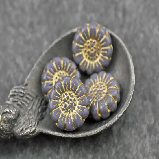 *12* 13mm Gold Washed Opaque Purple Sunflower Coin Beads {2}