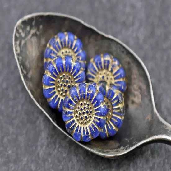 *12* 13mm Gold Washed Royal Blue Silk Sunflower Coin Beads {1}