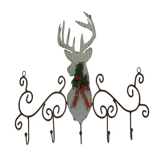 Metal Art Scroll Rustic Deer with Pine and Bow Wall Hook Rack {1}
