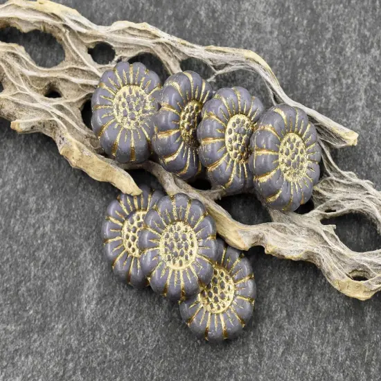 *12* 13mm Gold Washed Opaque Purple Sunflower Coin Beads {3}