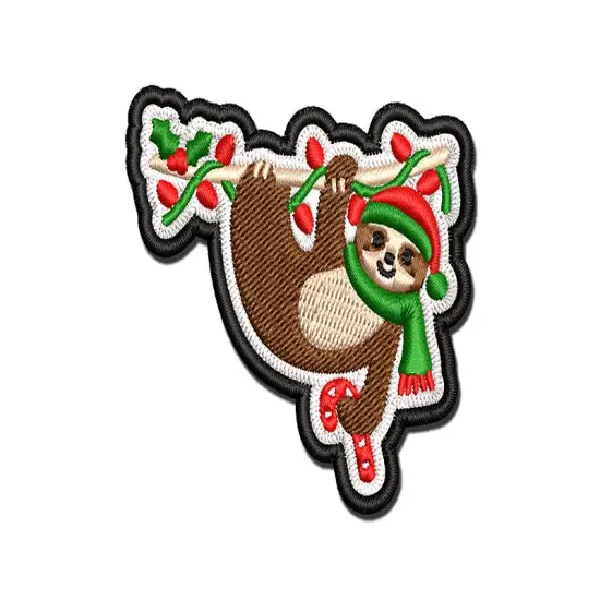Christmas Hanging Sloth with Candy Cane Multi-Color Embroidered Iron-On or Hook & Loop Patch Applique {1}