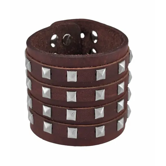 Brown Leather 4 Row Pyramid Studded Wristband Bracelet {1}