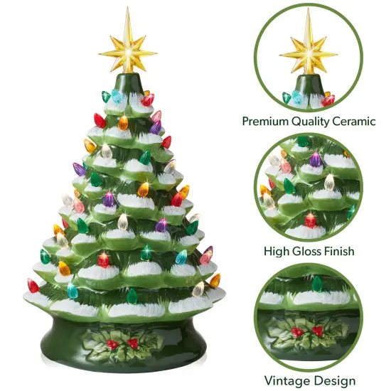 Casafield Hand Painted Ceramic Christmas Tree, Green Snow Flocked 15-Inch Pre-Lit Tree with 128 Multi-color Lights and 2 Star Toppers {3}