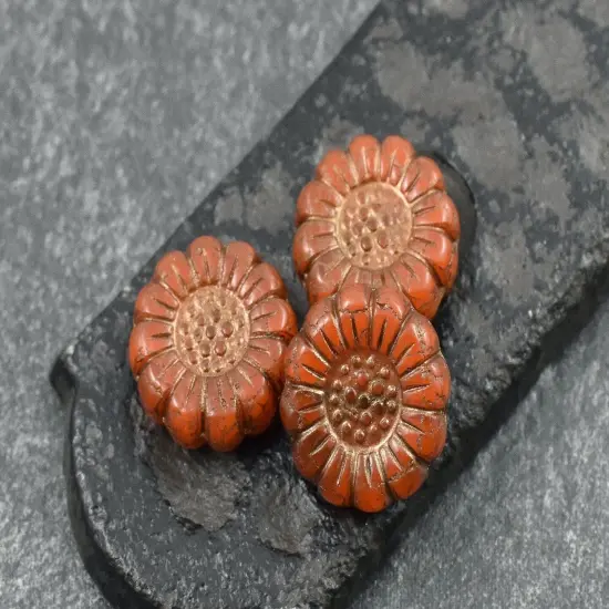 *12* 13mm Dark Bronze Washed Orange Opaline Sunflower Coin Beads {2}
