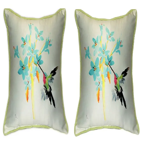 Pair of Betsy Drake Blue Hummingbird Large Pillows 18 Inch x 18 Inch {1}