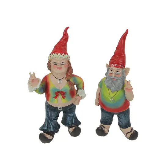 Gnancy and Gnarley Pair of Hippie Garden Gnome Statues 8.25 Inches High {1}