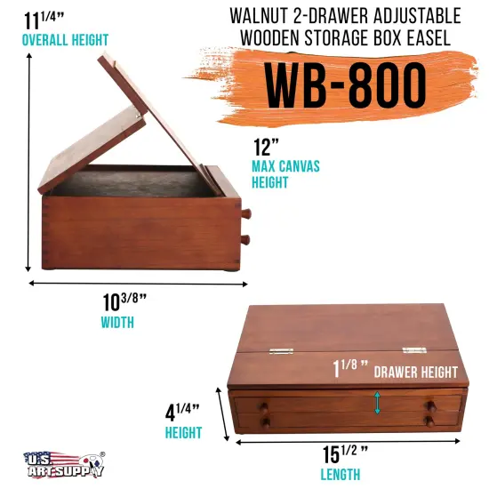 Walnut 2-Drawer Adjustable Wooden Storage Box with Fold Up Solid Drawing Easel {2}