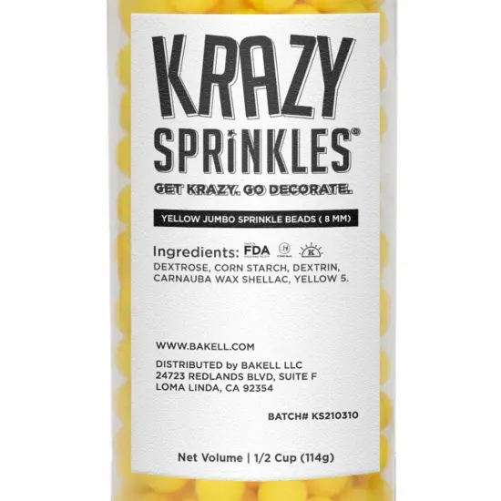 Krazy Sprinkles - Yellow 8mm Beads (1/2 Cup, 1x Jar) for Cakes, Ice Cream & Cookies {5}