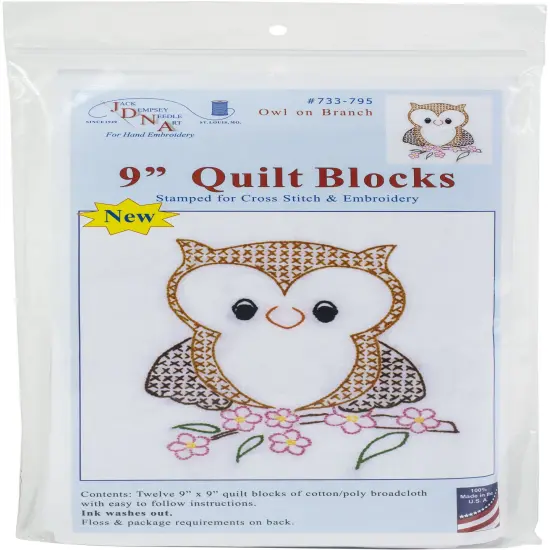 Jack Dempsey Stamped White Quilt Blocks 9"X9" 12/Pkg-Owl on Branch {1}