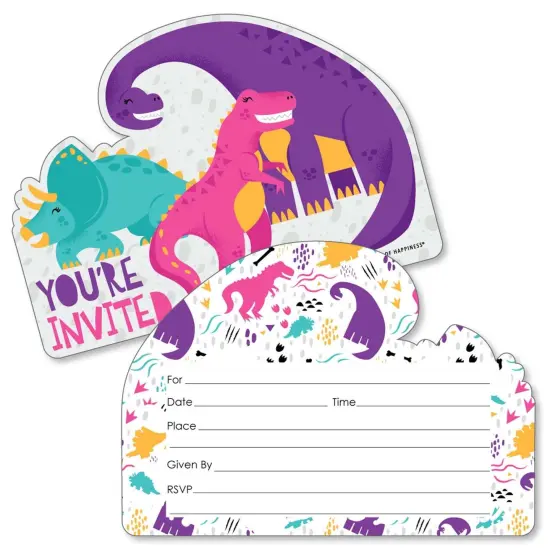 Big Dot of Happiness Roar Dinosaur Girl - Shaped Fill-in Invites - Dino T-Rex Baby Shower or Birthday Party Invite Cards with Envelopes - Set of 12 {1}