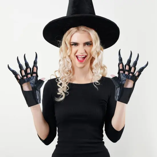Faux Leather Claw Gloves - Black Lizard Skin Scary Leather Hand Glove Animal Claws for Women and Kids {4}