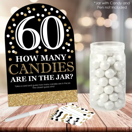 Big Dot of Happiness Adult 60th Birthday - Gold - How Many Candies Birthday Party Game - 1 Stand and 40 Cards - Candy Guessing Game {3}