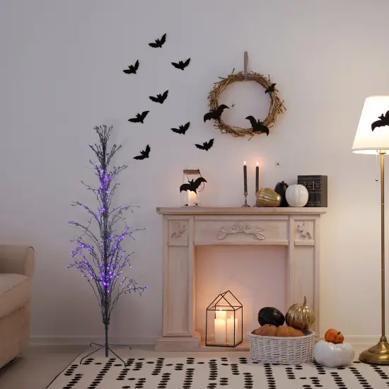 Northlight Pre-lit LED Cascade Outdoor Halloween Twig Tree - 4' Black Wire - Purple Lights {5}