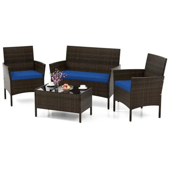 4 Piece Patio Rattan Conversation Set With Cozy Seat Cushions Navy {3}