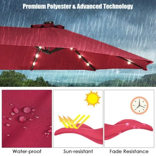 15 Ft Solar Led Patio Double-sided Umbrella Market Umbrella With Weight Base Red {2}