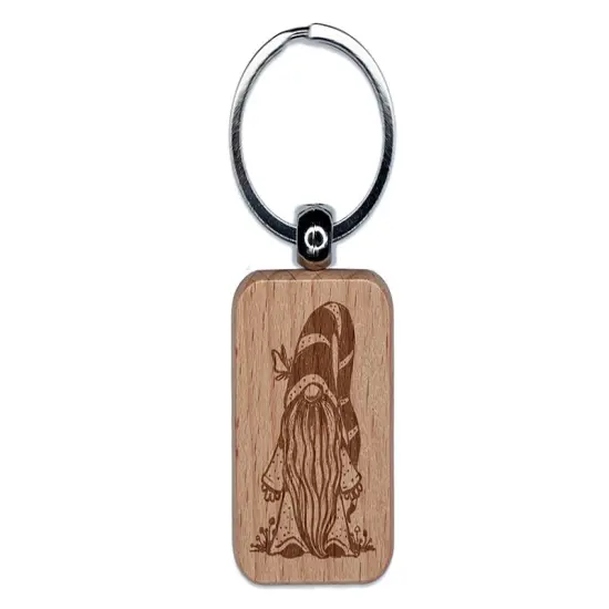 Garden Gnome with Super Long Striped Hat Sketch Engraved Wood Rectangle Keychain Tag Charm {1}