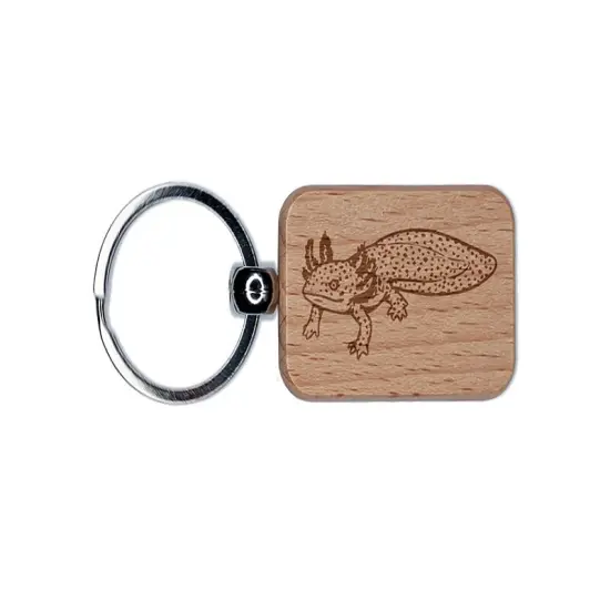 Realistic Spotted Axolotl Mexican Amphibian Engraved Wood Rectangle Keychain Tag Charm {1}