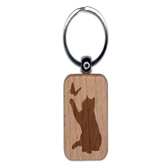 Cat Playing with Butterfly Engraved Wood Rectangle Keychain Tag Charm {1}