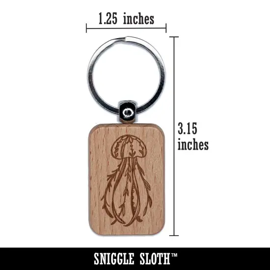 Floral Jellyfish Engraved Wood Rectangle Keychain Tag Charm {2}