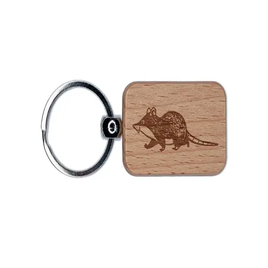 Cute Chubby Rat Walking Engraved Wood Rectangle Keychain Tag Charm {1}
