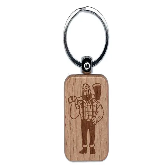 Lumberjack Man with Axe Engraved Wood Rectangle Keychain Tag Charm {1}