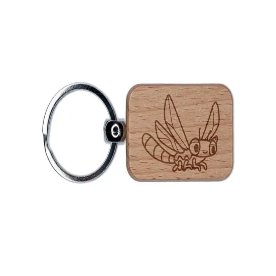 Cartoon Dragonfly Flying Bug Insect Engraved Wood Rectangle Keychain Tag Charm {1}