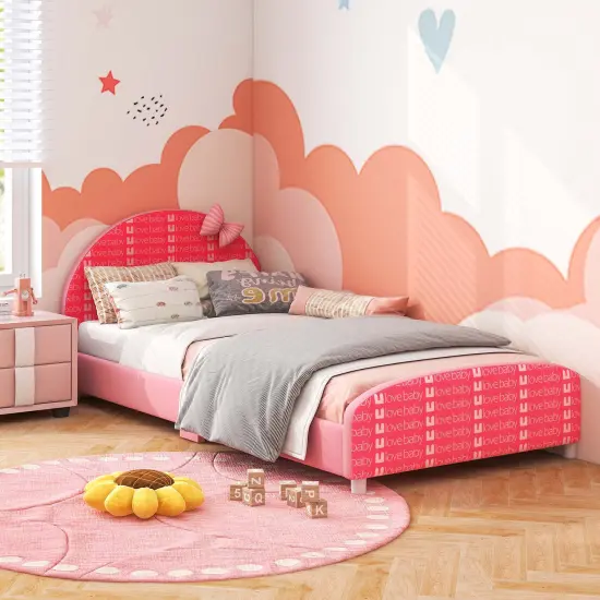 Honeyjoy Children Twin Size Upholstered Platform Single Bed with Headboard & Footboard Pink {4}