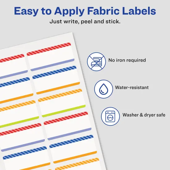 Avery No-Iron Fabric Name Labels, Playful Stripes Preprinted Designs, Handwrite Only, 24 Preprinted Labels (40774) {4}