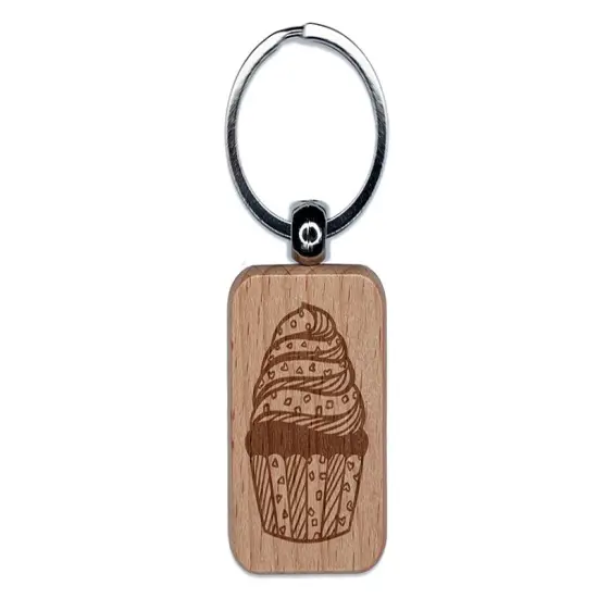 Cupcake Sprinkled with Patterns Engraved Wood Rectangle Keychain Tag Charm {1}