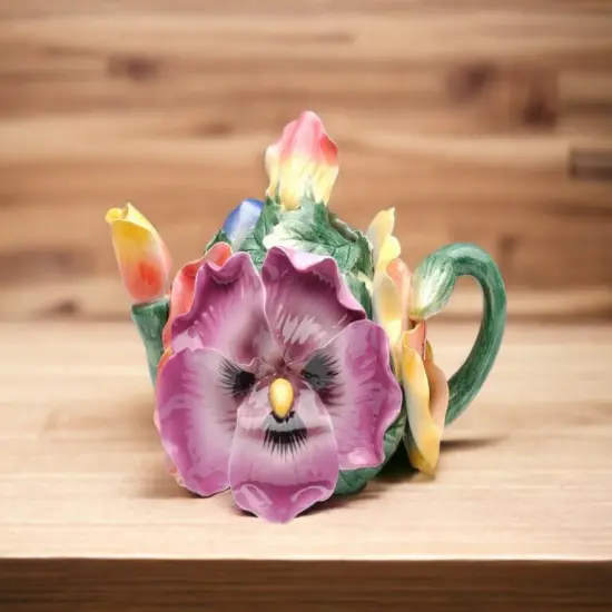 Ceramic Pansy Flower Teapot, Gift for Her, Gift for Mom, Tea Party Décor, Café Décor, Spring Kitchen Decor {1}
