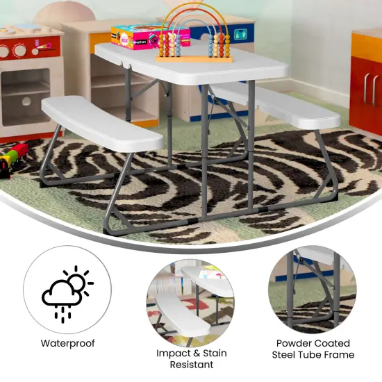 Emma and Oliver Aryka Kid's Easy Fold Waterproof, Stain and Impact Resistant Plastic Picnic Table with Benches and Steel Tube Frame White {2}
