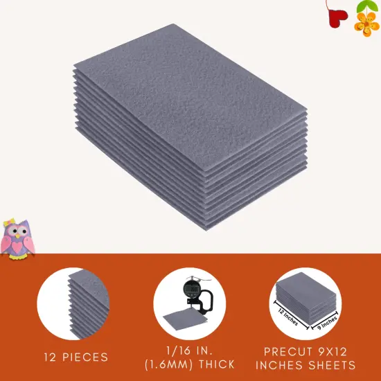 FabricLA Acrylic Felt Sheets for Crafts - Precut 9" X 12" Inches (20 cm X 30 cm) Felt Squares - Use Felt Fabric Craft Sheets for DIY, Hobby, Costume, and Decoration | Grey - 12 Pieces {4}