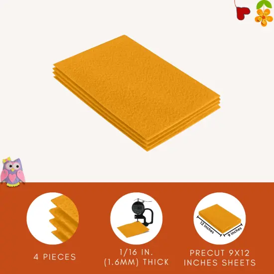 FabricLA Acrylic Felt Sheets for Crafts - Precut 9" X 12" Inches (20 cm X 30 cm) Felt Squares - Use Felt Fabric Craft Sheets for DIY, Hobby, Costume, and Decoration | Gold - 4 Pieces {4}