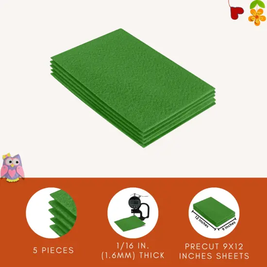 FabricLA Acrylic Felt Sheets for Crafts - Precut 9" X 12" Inches (20 cm X 30 cm) Felt Squares - Use Felt Fabric Craft Sheets for DIY, Hobby, Costume, and Decoration | Green - 5 Pieces {5}