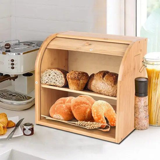 2-Layer Bamboo Loaf Storage Large Capacity Kitchen Storage Containers Bread Box {4}