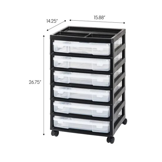 IRIS USA 6 Drawer 12" x 12" Scrapbook Rolling Storage Cart with Organizer Top and 6 Clear Cases, Black/White {6}