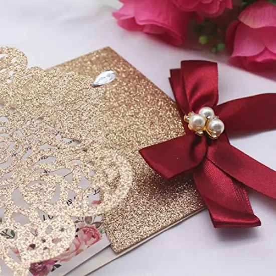 25 Pieces Gold Glitter Laser Cut Invitations with RSVP Cards and Envelopes Luxury Diamond and Ribbon Design with 250GSM Pearl Paper Insert for Wedding Engagement Birthday Quinceanera Invite {4}
