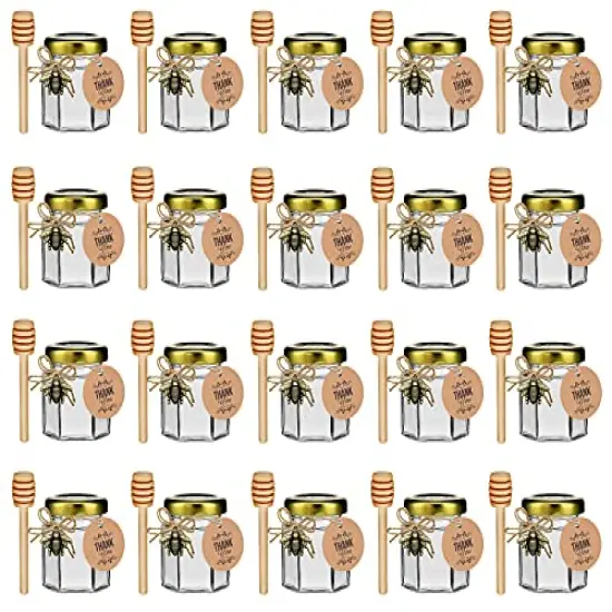 20 Pack Glass Honey Jars with Dipper - Gold Lids, Bee Pendants, Jutes, and Thank You Cards - Perfect for Baby Shower Favors, Wedding Favors, Party Favors {3}