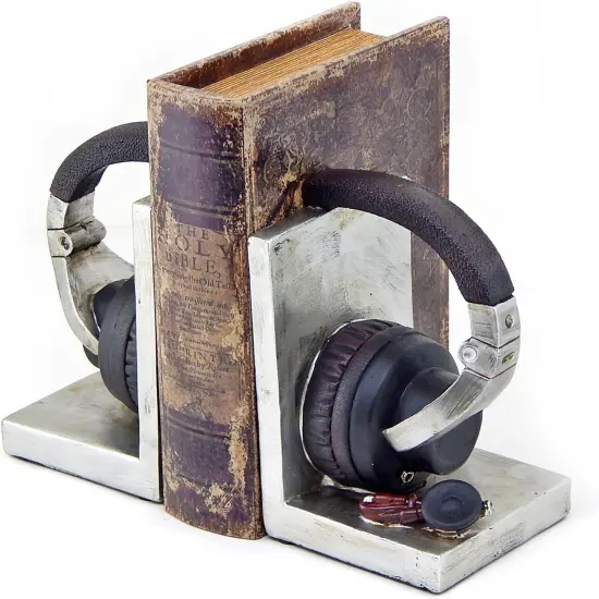 26256 Decorative Bookends Headphone Book Ends Music Lover Vintage Book Ends Holder Heavy Stoppers Bookshelf Shelves to Hold Books Library Shelf Dividers Home Decor 6 Inch Tall {2}