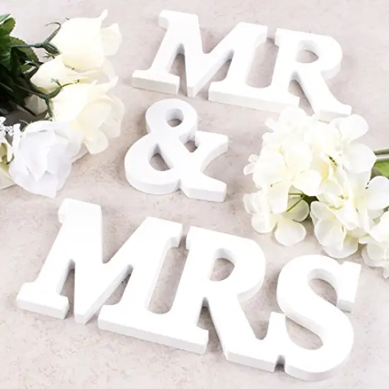 White Wooden Mr and Mrs Signs Wedding Present for Party Table Top Dinner Decoration, Display Stand Figures, Home Wall {2}